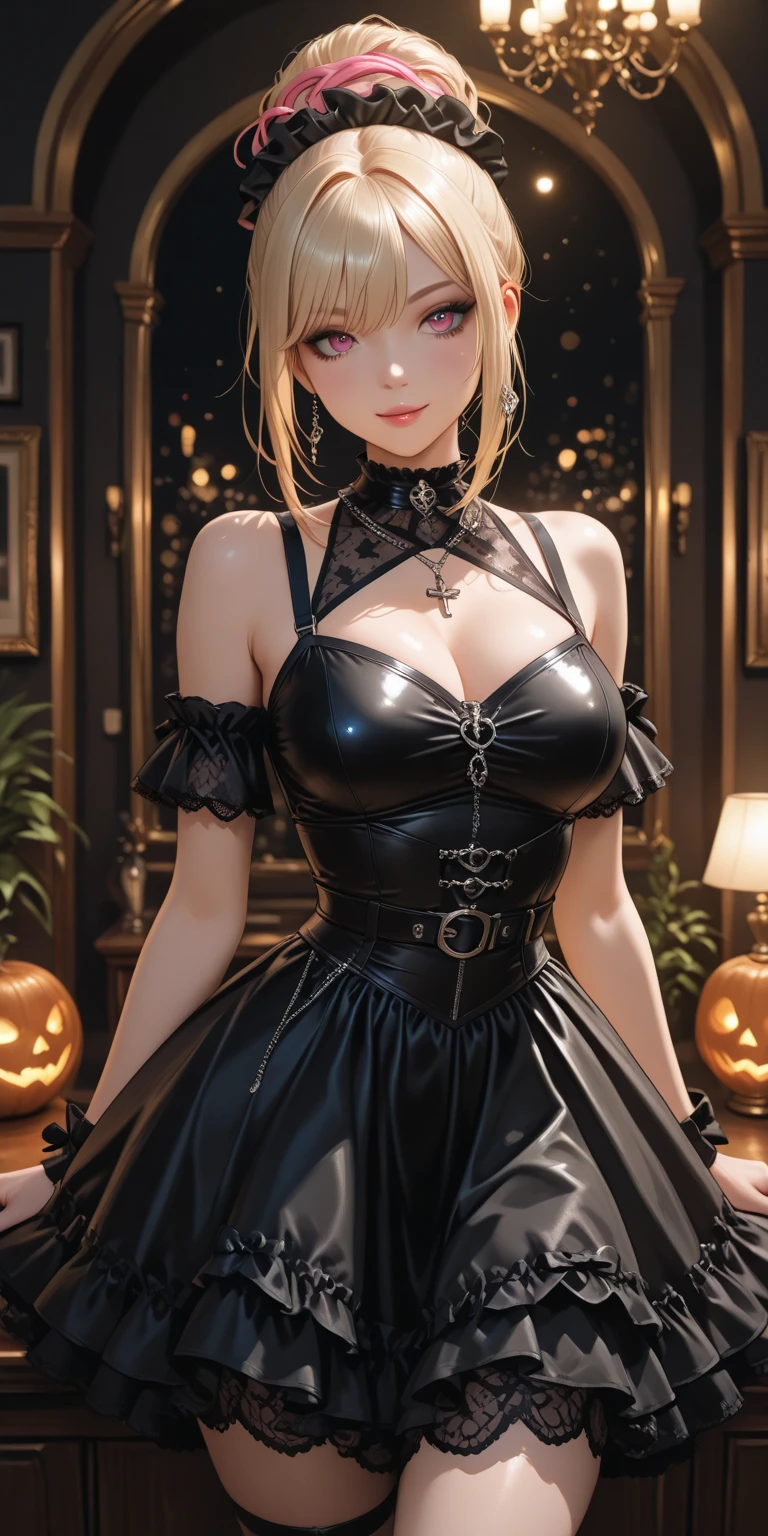 Highest quality,,woman,1 person,cute,beautiful,
Blonde Hair,Long Hair,Brown eyes,BREAK,blunt bangs,wavy hair,BREAK,
Black Dress,BREAK,
Diamond Necklace,
Background Chandelier,Background light bokeh,