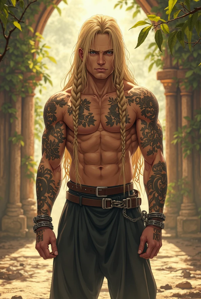 (((Single character image.))) (((Solo focus.))) score_9, score_8_up, score_7_up, (((Attractive male character with a stoic and powerful appearance,))) Dark fantasy art with eerie and gloomy themes.   (((Dark fantasy themes.))) Dark imagery.  Warrior.  Muscular.  Physically fit.  Tattoos.  Intimidating.  Character is beautiful but moody and forlorn. Muscular.  (((Muscular body.))). Powerful,  Long blonde hair.  Gloomy medieval fantasy town.  A sense of despair is sensed in the image., best quality:1.0,hyperealistic:1.0,photorealistic:1.0,madly detailed CG unity 8k wallpaper:1.0,masterpiece:1.3,madly detailed photo:1.2, hyper-realistic lifelike texture:1.4, picture-perfect:1.0,8k, HQ,best quality:1.0,