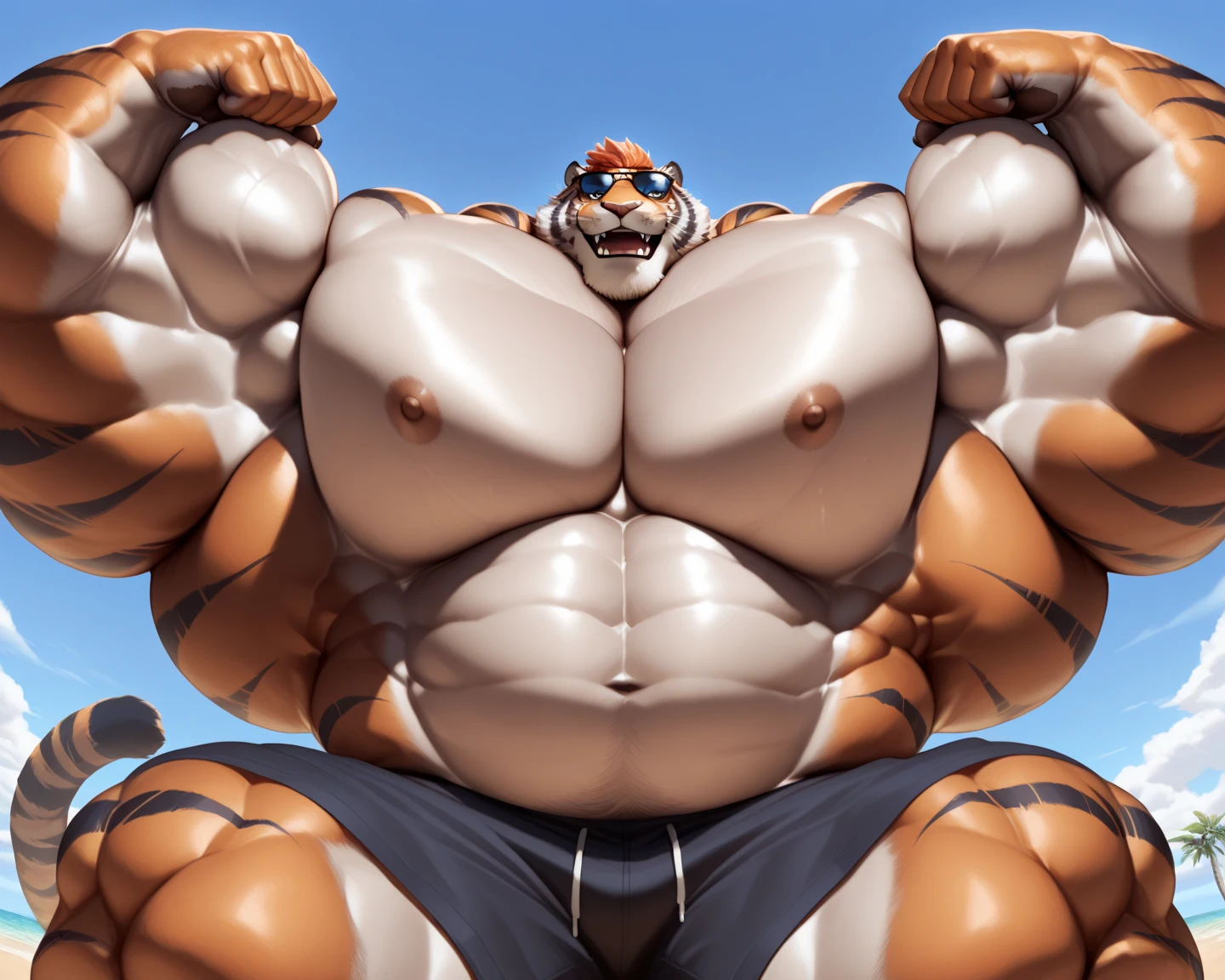 upload on e621, by null-ghost, Zil, Masterpiece, best quality, ultra high res, 4K, 8k HD, 2D, perfect anatomy, digital art, official art, extreme detailed, ultra detailed, strapsanime, color, soft shading, sharp focus, beach background, 1boy, body fur, belly, detailed fluffy fur, ultra detailed face, detailed eyes, detailed iris eyes, detailed amber eyes, white sclera, mischievous smile, black pupils, navel, abs, bare pectoral, claw nails, furry Tiger male, mature male, Massive body, ((really big muscle, massive muscular, sixpack, thick arms, wide pectoral, super huge muscle, hyper muscular, over sized muscle, huge arms, big arms, huge pectoral)), thong, big bulge in the crotch, huge bulky muscular body fur, canid, huge muscles, huge pecs, huge biceps, felinae, feline, mammal, powerful Tiger, Tiger male, fierce face, serious expression, badass, wolf anthro, solo, looking at viewer, standing, perfect fingers, black hands and fingers, thong, Tiger tail