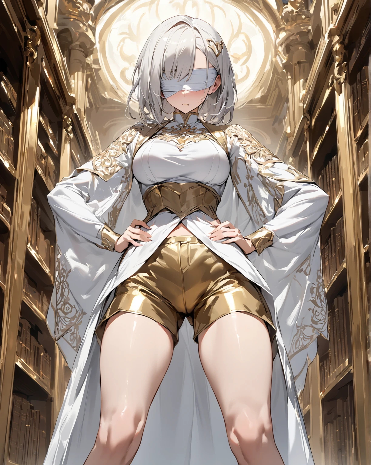 an androgynous boy with long white hair stands inside a large library and holds an open book, the boy is wearing a white cloak with blue jewelry and gold adornments, in lingerie and glasses, the library is lit by candles and filled with books stacked on the floor, with a large round window in the background showing the galaxy with a constellation, Perfect lips, symmetrical face, olhos realistas, pele de porcelana, HDR, UHD