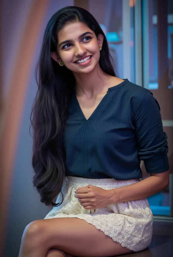 Cute innocent girl 16 Year old Tamil fair skin colour curly black hair one pony sexy body full body smiling wearing long skirt and full length t shirt cute eyes and expression of innocence