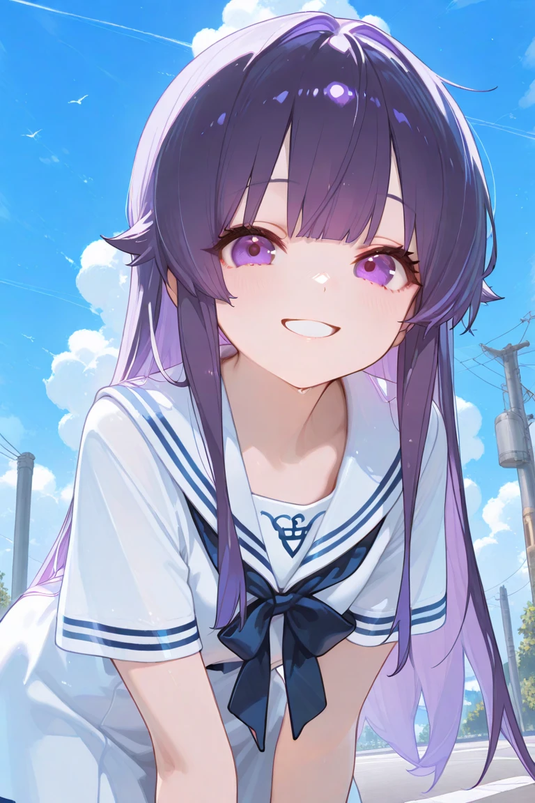 mochizuki anna,1girl in,Solo,Long hair,Purple hair,Medium chest.Ahoge,Blue eyes.Short stature.white t-shirts.suspenders.Skirt.Evening glow.the setting sun.Despair face.Sweat.Opening Mouth.up chest.Fighting stance.