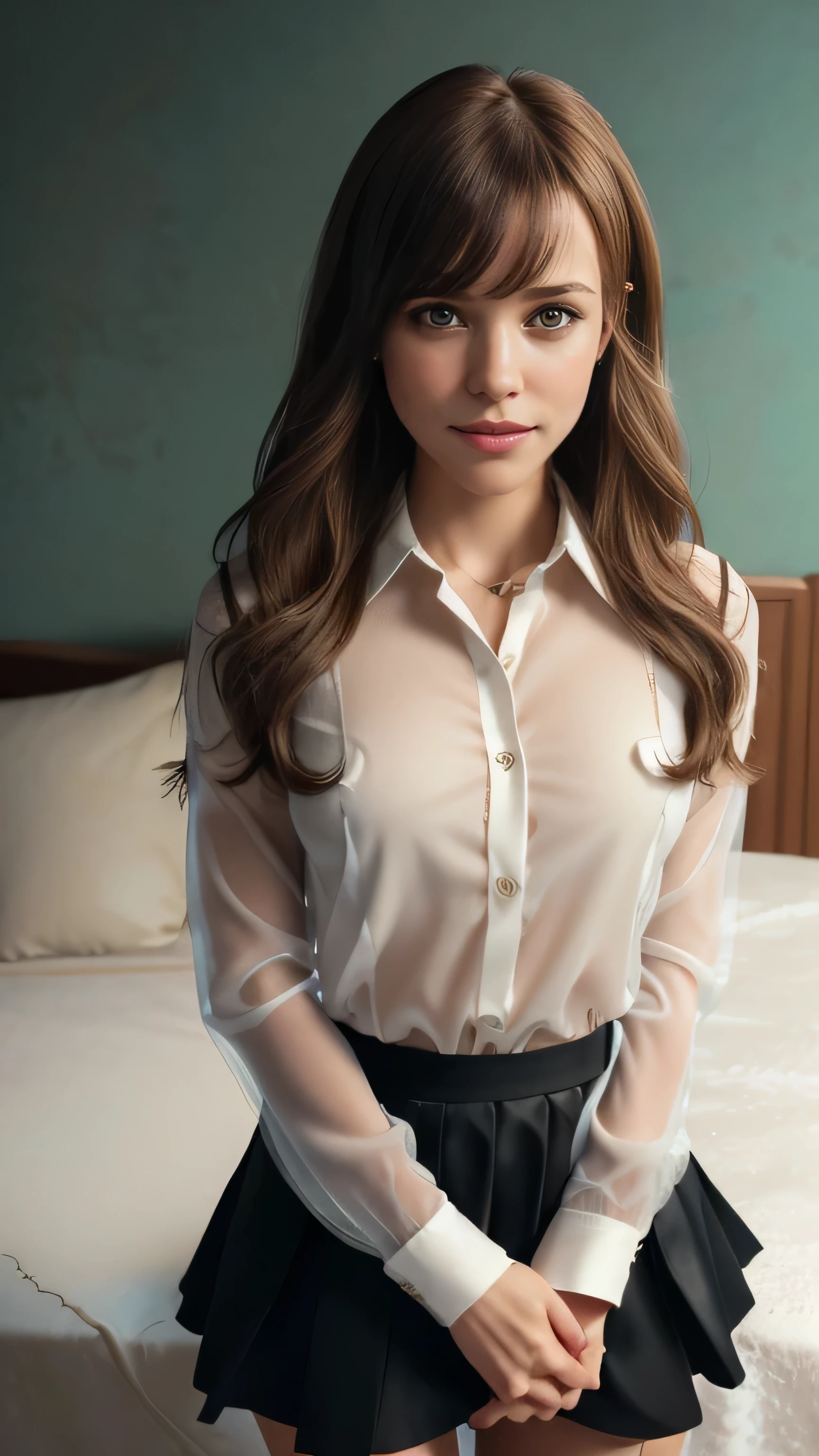 40 anos, enfermeira mulher branca com uma maturidade, comportamento sexe, strong constitution , but wearing slacks and a translucent buttoned shirt that reveals the neck and chest, usando  um  simbolo da enfermagem. Favor colocar o uniforme de enfermaira