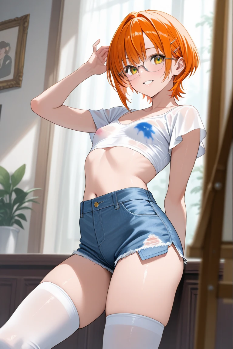 masterpiece, best quality, anime, Hoshizora rin, solo, stockings, orange hair, white collared shirt, short shorts, wide hips, boots, sitting, kneeling, strapless, black stockings, walking, cowboy shot, dutch corner, outdoor, medieval,cat ears,light green eyes, playful,paw pose, blush, cleavage, llchar,thicc,navel,xiala, 1girl, solo, clothes_pull, cleavage, shirt_pull,(smile:0.7)