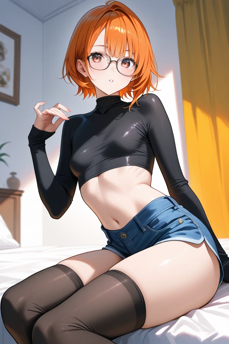 1 girl, slender body, freckles, round glasses, short red hair, green eyes, white crop top, underboob, black denim short shorts, black fishnet leggings, black thigh-high boots, bedroom, high res, ultrasharp, 8k, looking at viewer