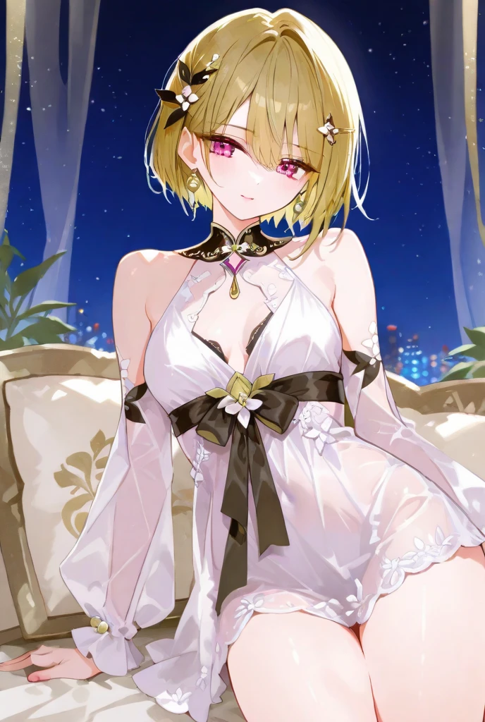 1girl,Sexy pretty girl,shiny gold platinum blonde hair, Bobcut,curly hair、Dog ears、Red sparkling eyes、detailed cute eyes,(glowing eyes:1.4),laugh heartily,((Droopy eyes)),22 years old,posing,skinny body shape,short of a person,smiling open mouth,flushed cheeks,white silk Clothes shirt, sparkle, flowing transparent white,pearls choker,sensual pose,A little sexy,Masterpiece, best quality,(watercolor style illustration),photography,leaf shorts,