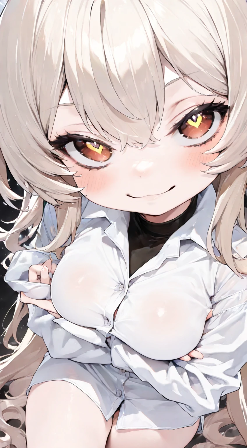nsfw,1 girl,White hair,yellow eyes,face focus,upper body, Brat,masterpiece,best quality,very aesthetic,absurdres,light Areola,skin,extended_downblouse, frontbend,White shirt,over shirt