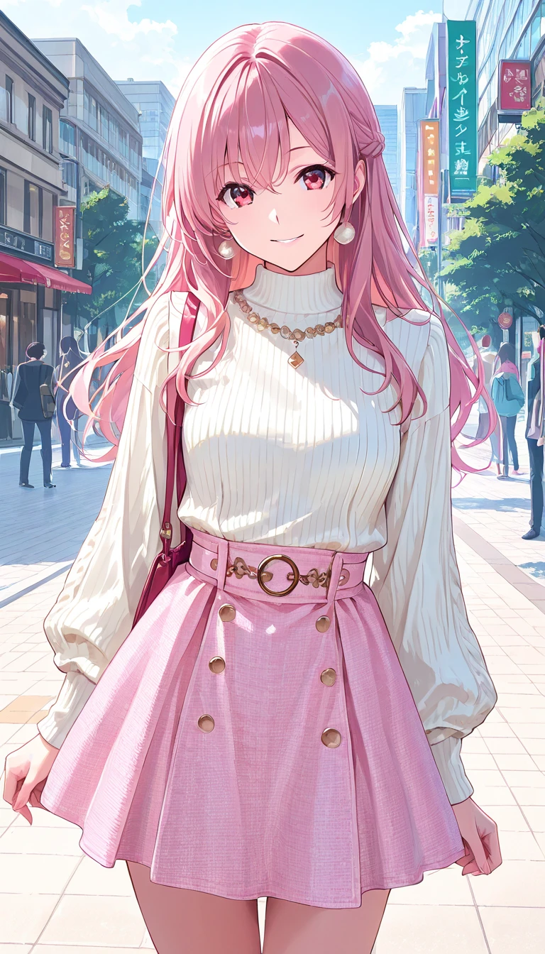 score_9, score_8_up, score_7_up, score_6_up, 1girl, pink hair, long hair, 
beige sweater, brown skirt, microskirt, thigh gap,
<lora:thicc_v1.4-pony-000001:1.0>