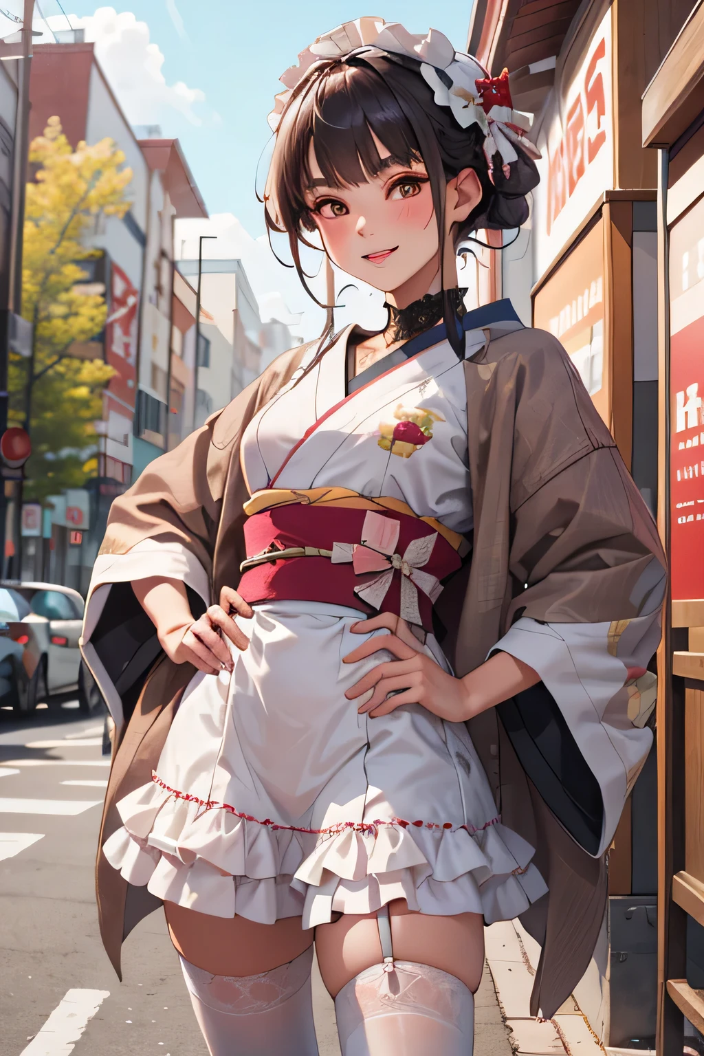 male boy:1.5, male boy wearing mixed with sweetlolita and kimono:1.2, many lace and frill, best quality, high resolution, high detail, masterpiece,
colorful Harajuku street, sunny backlight with warm tones, thigh-up composition, confident pose, hand on hip, flowing ribbons, cool playful smile, sparkly eyes, soft blush, layered outfit with sailor collar and lace accents