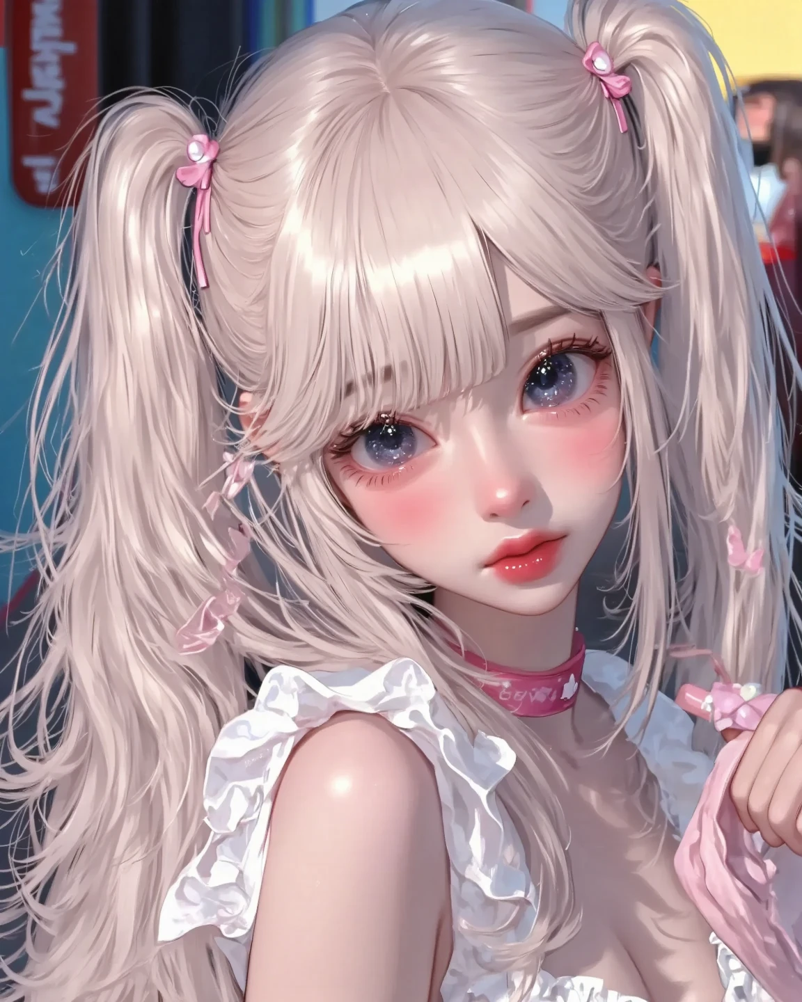 (A beautiful girl wearing a red traditional Chinese costume, seductively licking a lollipop, wearing headphones in a recording studio, posting cute poses on social media.) (This beautiful girl is , 18% Japanese, 26% French, 56% Ukrainian, 178 cm tall, small bust but stylish, with a beautifully balanced figure.) (Her hair is very long, pinkish gray, tied in twin tails with black ribbons, curling in a spiral towards the end.) (Her eyebrows are the same color as her hair, thin, slightly thick, short, and her eyelashes are long.) (Her big blue eyes reflect the light of the lighting and are amazingly beautiful like pearls.) (Her nose is high like an Englishman, her lips are plump and kissable, her skin is translucent white, and the proportions of her head and face are traditional Japanese.) Aesthetics. The number of fingers is also noteworthy, not too many or too few, and even the tips of her nails are very delicately expressed. (Single, Masterpiece, Ultra-detailed, Highest quality, Artistic composition, Ultra-accurate, Realistic, Photorealistic, High resolution, Dynamic lighting effects, Consider the proportions of the whole composition, Ultra-realistic). Try to highlight facial expressions and appearance. Try your best to meet all these criteria.