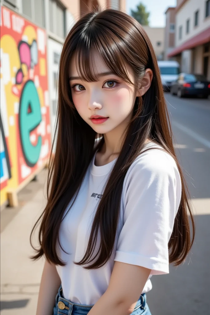 Sunburn marks on tanned skin、blush、Multicolored hair color、Bangs on the face、Bangs between the eyes、Super long hair、Beautiful bright transparent light blue big eyes that are charming and shining、A cute 16-year-old girl with a cute look, A strong wind blows my hair in front of my face、Beautiful big sparkling eyes, Cute eyes hidden by long bangs、Yawn、No visible nasolabial folds、A short, light-colored miniskirt、A cute and colorful summer shirt、Korean Beauty、Dark blush on the cheeks