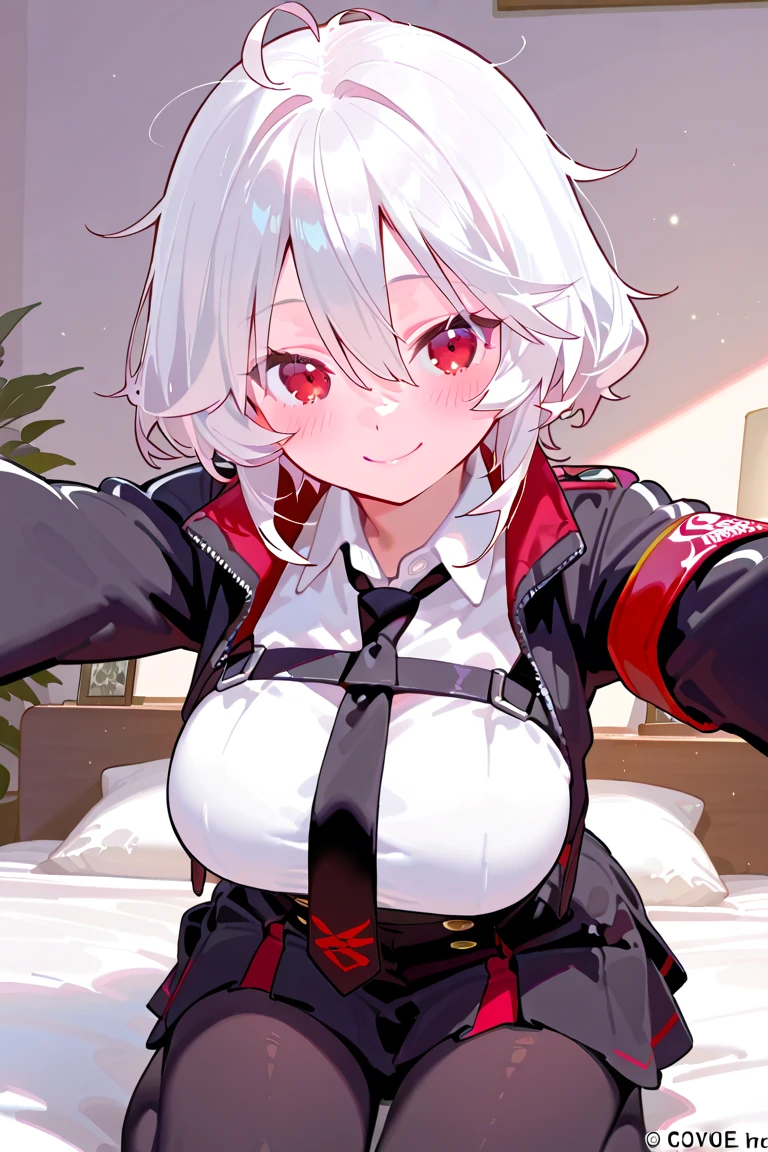 top-quality、ultra-detailliert、Anime Art、An ultra-high picture quality、Super cute 1 girl、white  hair、Green eye、Cheeks red、red blush、Embarrassment、Hide your mouth with a red scarf、large full breasts、Dress warmly、Heart in the pupil、a black skirt、Tie your hair at the shoulders、bobhair