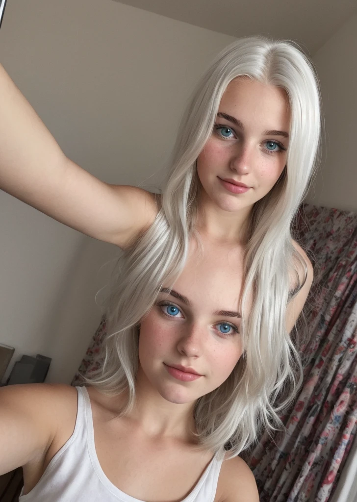 14 year old girl with white hair, blue eyes, white skin hugging her friend
