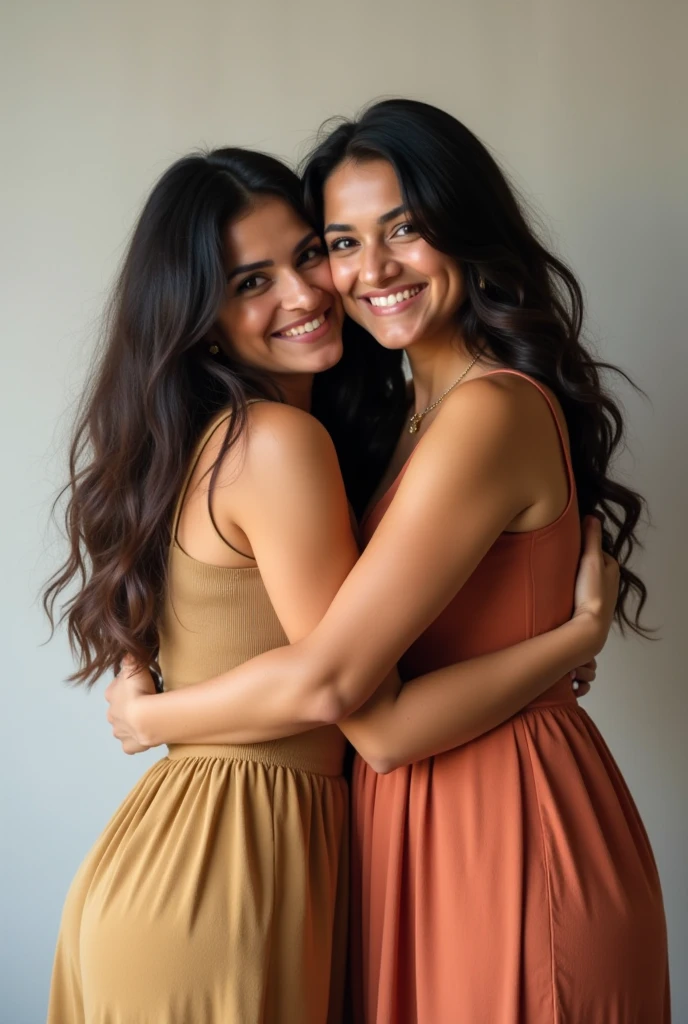 2heads, Extra arms, a woman posing for a picture, red tanktop, blue leggings, curvy arms, incredibly beautiful, strong pose, very beautiful, arms to the side, 4 arms and 2 legs!, curvy and slender arms, multiple arms, armpits fused to shoulders, normal hands, slender body, rounder face, cute facial structure, cute nose, american eyes, identical faces, light green eyes, long black hair, earrings, 21 years old, upper body shoot, colombian, lighter skin tone, same size heads