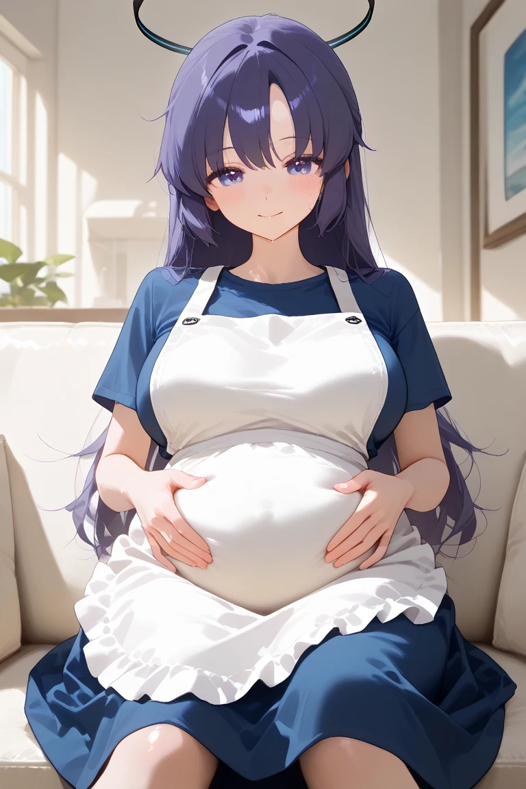 ((masterpiece, best quality, highres, UHD, perfect pixel, depth of field, 4k, RTX, HDR))), 1girl, beautiful anime girl, beautiful artstyle, anime character, ((girl: long hair, bangs, dark brown hair, wavy hair:0.4, long flowing hair)), ((heterochromia eyes:1.4, rounded eyes, beautiful eyelashes, realistic eyes, one green eye one brown eye,heterochromic eyed)), ((detailed face, blushing:1.2)), ((smooth texture:0.75, realistic texture:0.65, photorealistic:1.1, anime CG style)), medium breasts, ((dynamic angle, close up, side view)), perfect body, ((housewife dress, 1950s dress, blue frilly apron, silver cross necklace)), smile, pregnant, pregnant belly, cooking in kitchen, mixing salad in bowl, detailed home kitchen background
