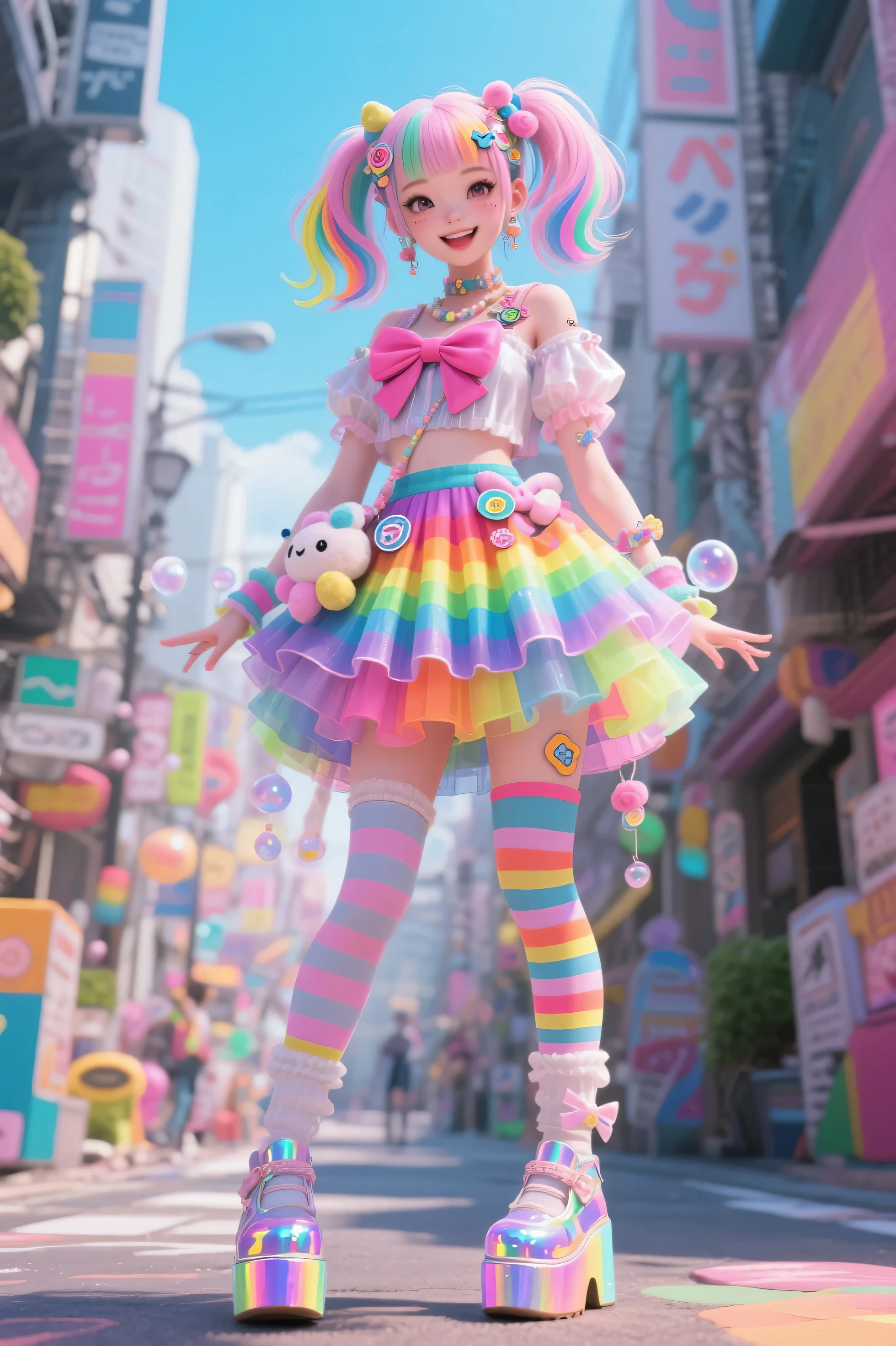 (masterpiece), Highest quality, Perfect Face, 8k, Panda Girl, Laughter of joy, ((Rainbow Hair)), (Curly Hair), (Human face), [Small breasts], Waist:1.3, Long legs, Black Ear, whole body,
break, 
((Layer up with colorful accessories)), Pastel designer heels, (Mismatched thigh-high socks), (Oversized Bow), (Statement Decora Fashion), (((Lots of cute accessories))), Characters appearing in Harajuku-themed fashion features in famous magazines, break, (((The photo shoot、It will take place against the iconic Harajuku backdrop))), Capturing the essence of the district&#39;s diverse fashion culture, Ultra low angle,Realistic Flesh,The bite is clear,Stylish panties,Realistic panty wrinkles,