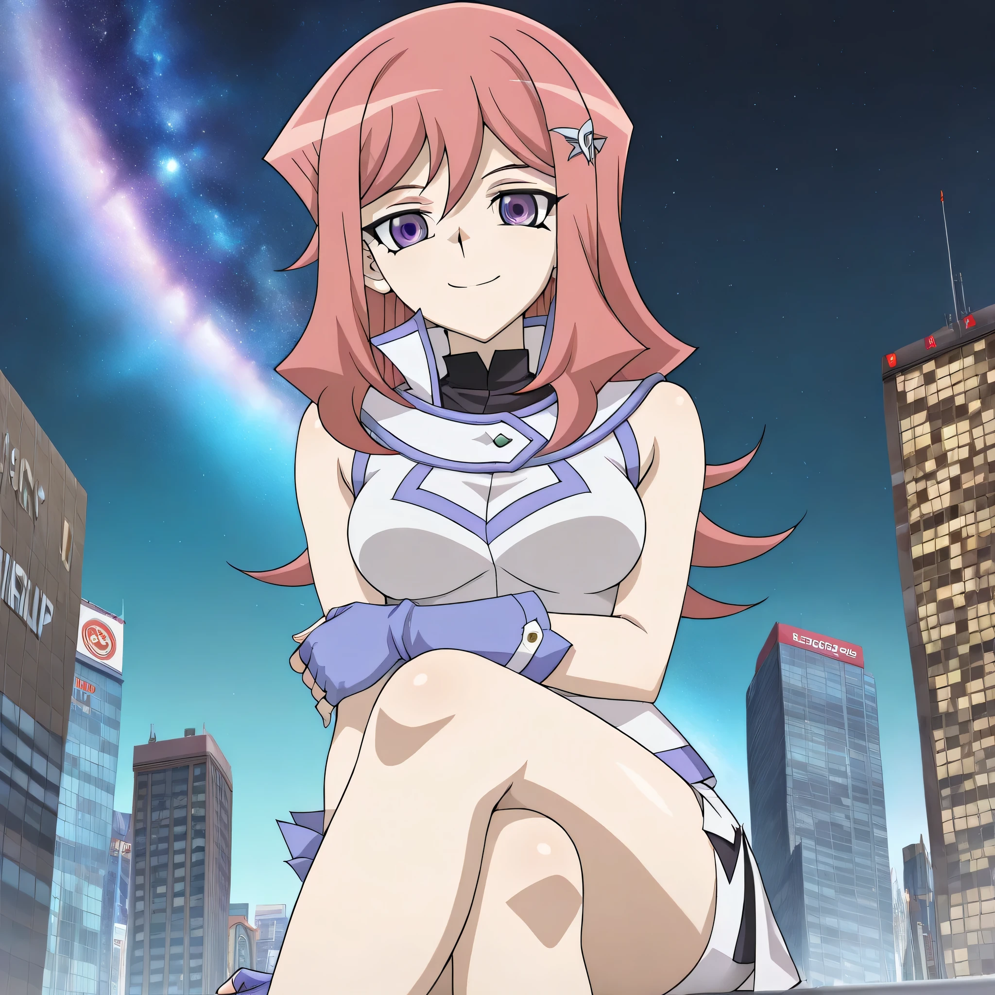(((Masterpiece))), (((Best Quality))), ((Super Detail)), ultra-High resolution, score_9,score_8_up,score_7_up,score_6_up,score_5_up,score_4_up, BREAK, source_anime, anime screencap, uncensored, rating_explicit, Masterpiece, (absurdres), (detailed background), (very aesthetic), detailed beautiful eyes, outstanding, an exquisite animation illustration, curvy, highres, dark persona, Society of light, sleeveless, white shirt, white skirt, blue gloves, duel academy uniform (yu-gi-oh! gx), , (((solo, 1girl))), hair ornament, submissive pose,  pose, anime style, anime coloring, animification, megami magazine, medium , Kumi Okazaki (Cardfight Vanguard), long hair, pink hair, purple eyes, looking at viewer, smile, cheeks leaning on arm, cinematic, cross legs, crossing legs, Outdoors, night, On top skyscraper, sci-fi city, (galaxy sky:1.2), 