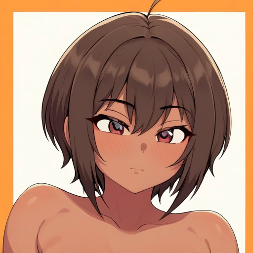 (nsfw),1girl,Tomboy,black hair,Androgynous,face,light Areola,upper body,breasts out,masterpiece,best quality,very aesthetic,absurdres,light Areola,skin,frontbend,topless,tan,