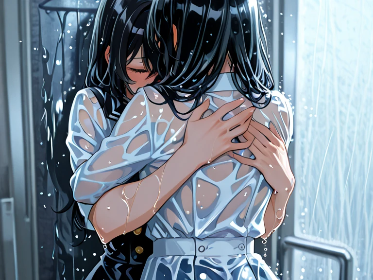 2girls, dancing tango in the rain, sexy tango dance pose, action shot, white pant suit, white dress, wetshirt, yuri, downpour, wet, raining, loving gaze, dancing together, arms around each other