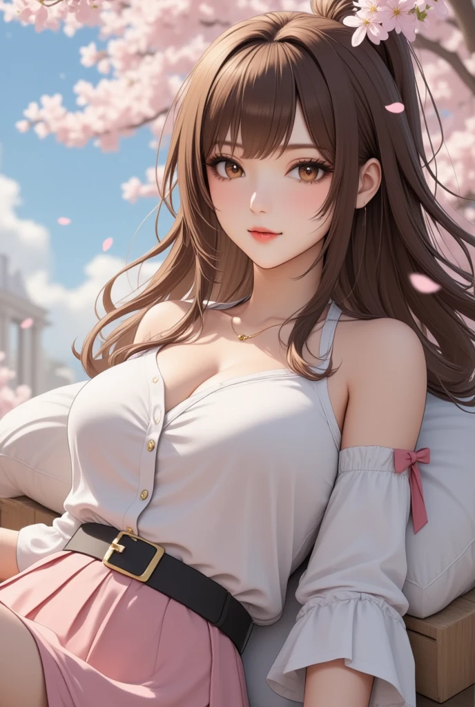 (Highest quality, 32k, High resolution, masterpiece:1.5), internal_jet, god々Photos with radiant and healing powers., A sense of calm and elusive beauty, Expressing emotions, Have a rich imagination,Beautiful Japanese Girl, Very beautiful face, Small Face Beauty, Perfect Human Anatomy, Magic big eye, Motherhood and generosity, deep love, A fleeting smile, ((Shiny brown hair:1.1)), Super Long Straight Silk Hair, Asymmetrical bangs, Hair between the eyes, transparent, Soft white skin, Sharp eyebrows, Thin lashes, Natural Makeup, Cheek Highlighter, Pale pink lips, ((Blue clothes:1.2)), High resolutionの完璧な鎖骨, High resolutionの美しい胸元, Slim figure and ample breasts, High resolutionの美しい太もも, Beautiful feet, ((On the hill in spring:1.3)), Dazzling sunlight, blue sky, White cloud, Professional Lighting, Professional Photographer, Professional Model, god秘的