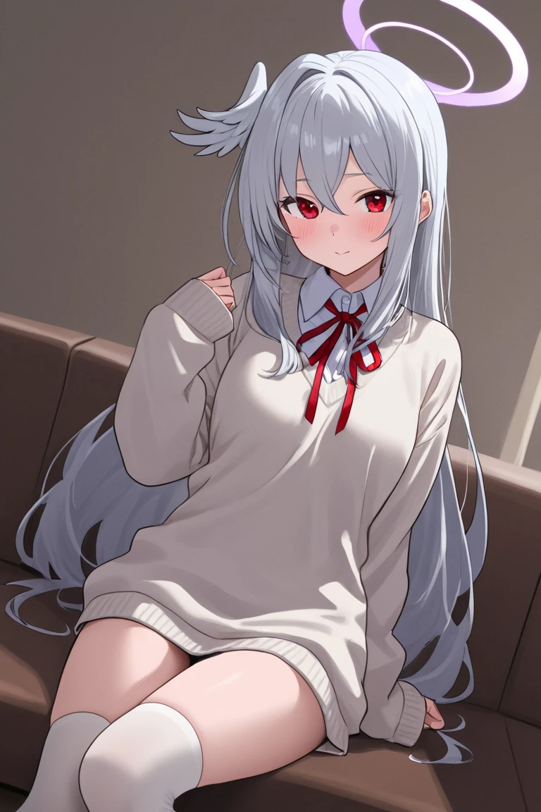 score_9, score_8_up, score_7_up, score_6_up, score_5_up, score_4_up, BREAK, source_anime  <lora:yamamoto-mix-lyco-pony-v1:0.8>
1girl,  solo,flat chest, light skin, white hair, (long hair:1.3), red eyes,
((white-sweater-dress)), (((pantyhose))), ((no-shoes)),