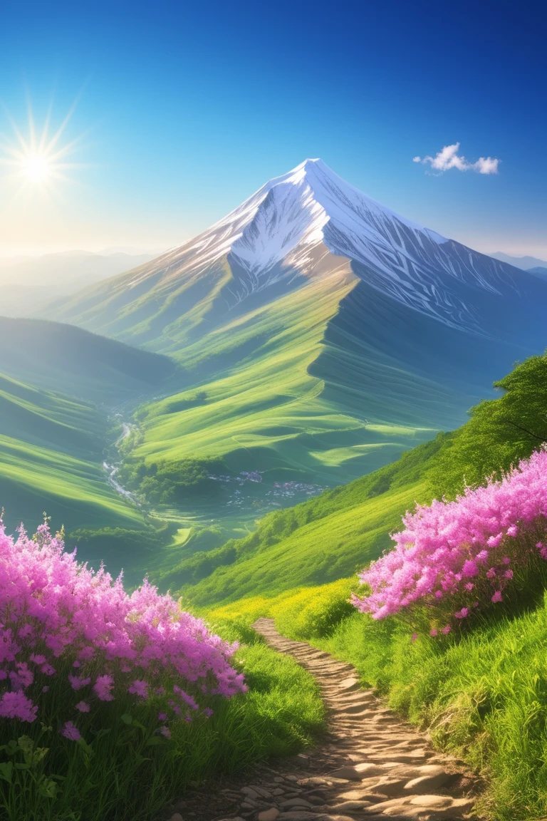 A majestic mountain with a magnificent spring landscape々、 clear sky、Blue sky photo