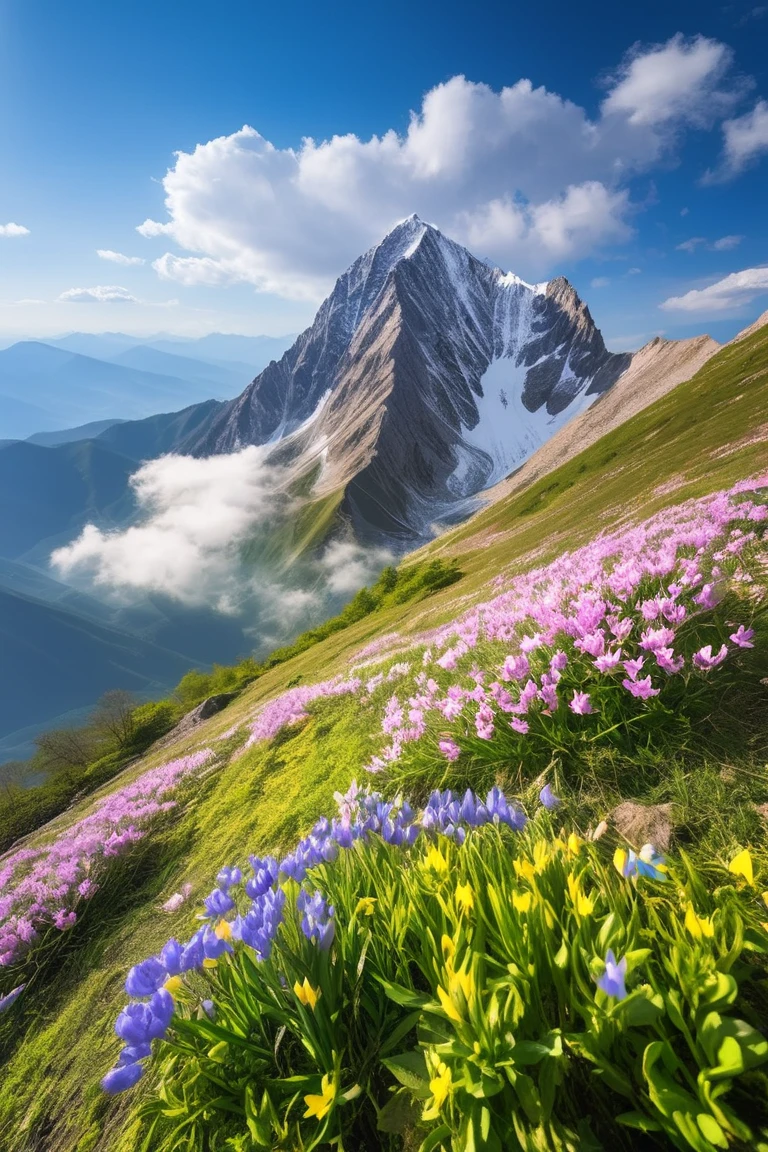 A majestic mountain with a magnificent spring landscape々、 clear sky、Blue sky photo