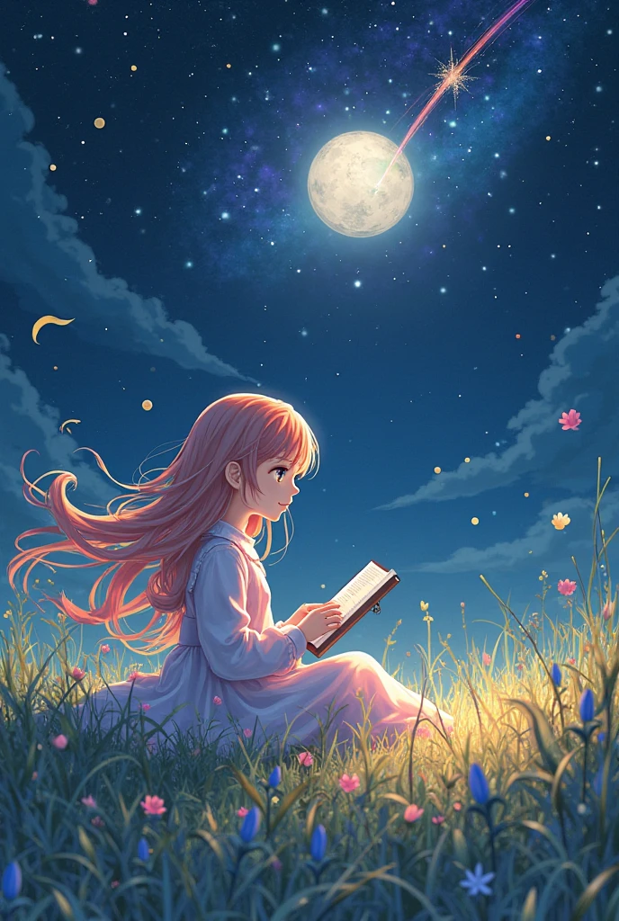 Illustration of a naked anime woman with blonde hair in an endless flower fields at night, alone, sitting, reading a book, windy.