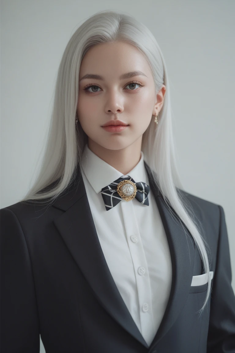Slender elegant androgynous 17 year old girl in tuxedo with long white hair attractive face androgynous red eyes businesswoman 