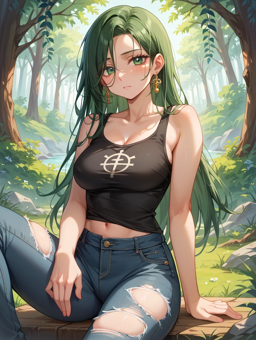 Masterpiece , highly detailed , best quality , perfect face , green eyes , fubuki , wearing black leather jacket over white printed t-shirt and blue jeans , in garden , arms bound behind back with rope , looking at camera , standing still 