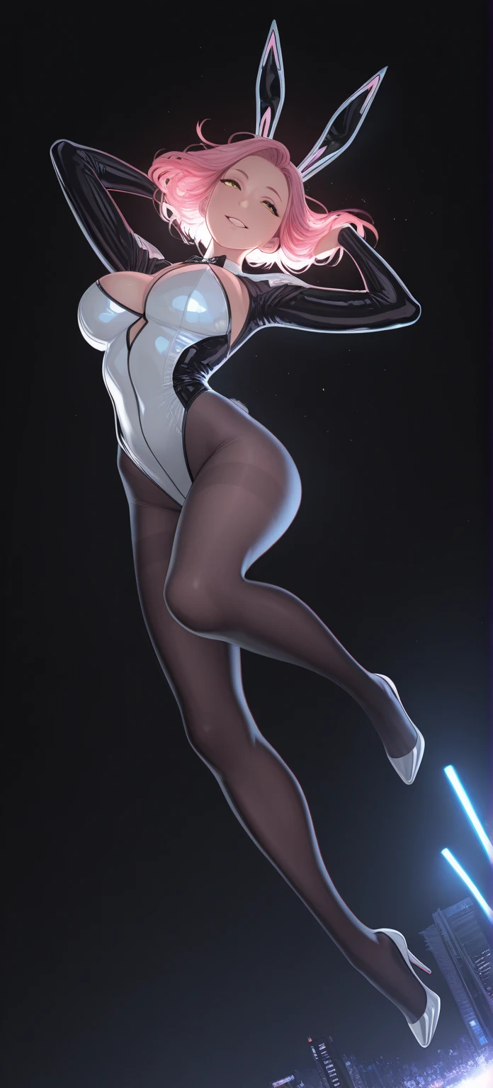 1girl, white skin, light skin, smile, light smile, blue hair, short hair, blue eyes, large breasts, breasts, wide hips, black bodysuit, bodysuit, sleeves, short sleeves, pantyhose, black pantyhose, futuristic, science-fiction, neon trim, neon, full_body, ((full body)), standing, swords, lighsaber, sword