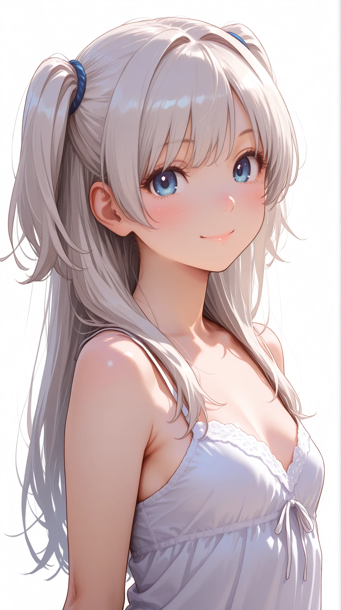 masterpiece, (best quality:1.4), detailed, girl, (solo), (white hair:1.2), (medium twintail hair:1.3), (sidelocks:1.1), (bangs:1.1), (large breast:1.3), ribbon, (aqua eyes:1.2), (smile:1.2), flower on head, upper body, (tank top:1.0), (hot tank top:1.2), (looking at viewer:1.2), sexy, detailed eyes, detailed hair, highres, outdoor, sky, (lighting:1.2), high details