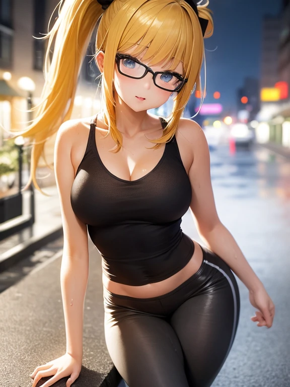 best quality, masterpiece, cinematic lighting, intricate, cinematic detailed realistic background, detailed face, full body, small breasts, realistic, ligne claire, 1girl jogging, cityscape, night, tied shirt, looking at viewer, tattoo, model pose, open cardigan, ringed yellow eyes, streetlight, lamppost, yoga pants, split-color hair, glasses, wet clothes