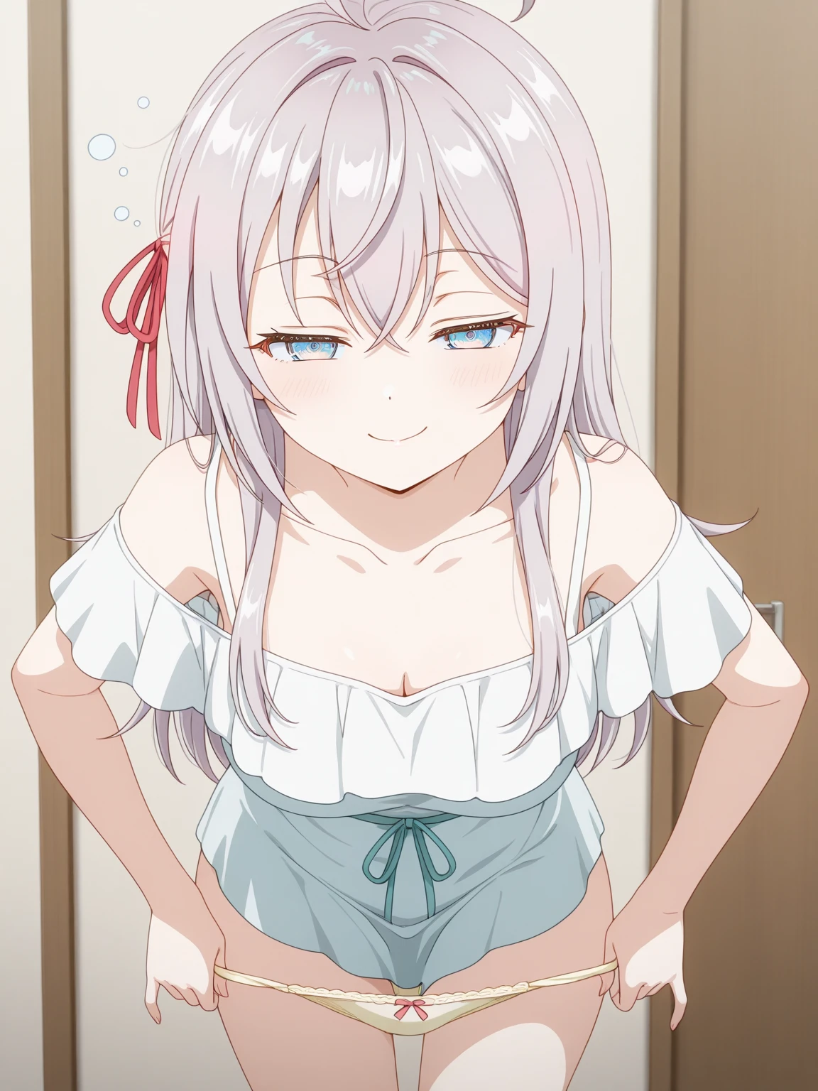 masterpiece, best quality, movie still, 1girl solo, female focus, looking at viewer, smiling, upper body, depth of field, (watercolor illustration, soft pastel colors:1.1), realistic, white hair, white eyes, naked, perky small breasts