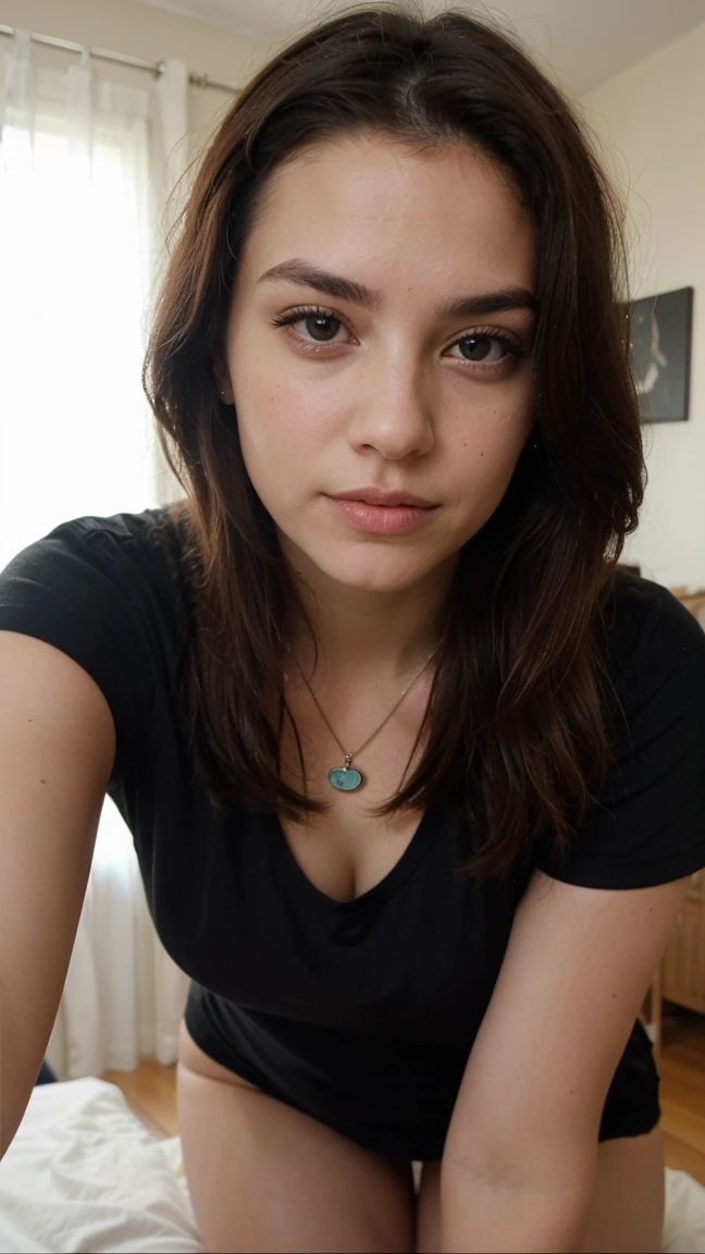 (Please generate an image of a young woman wearing a shirt and necklace. She has brown hair, wavy hair, bigger, brown eyes, and a subtle, natural makeup. The photo should show that she has no obvious makeup, She should look directly into the camera. The face should look real and natural. Full body shots of this attractive woman should feature eye-catching poses, She has sharp blue eyes. The girl has a sweet temperament, And the posture should be sweet too. Please make sure the woman&#39;s entire body is visible in the image. The background should be clear、Neatness. The details of the image should be of high quality(Best quality at best)), ((tmasterpiece)), (Detailed pubic hair), s the perfect face