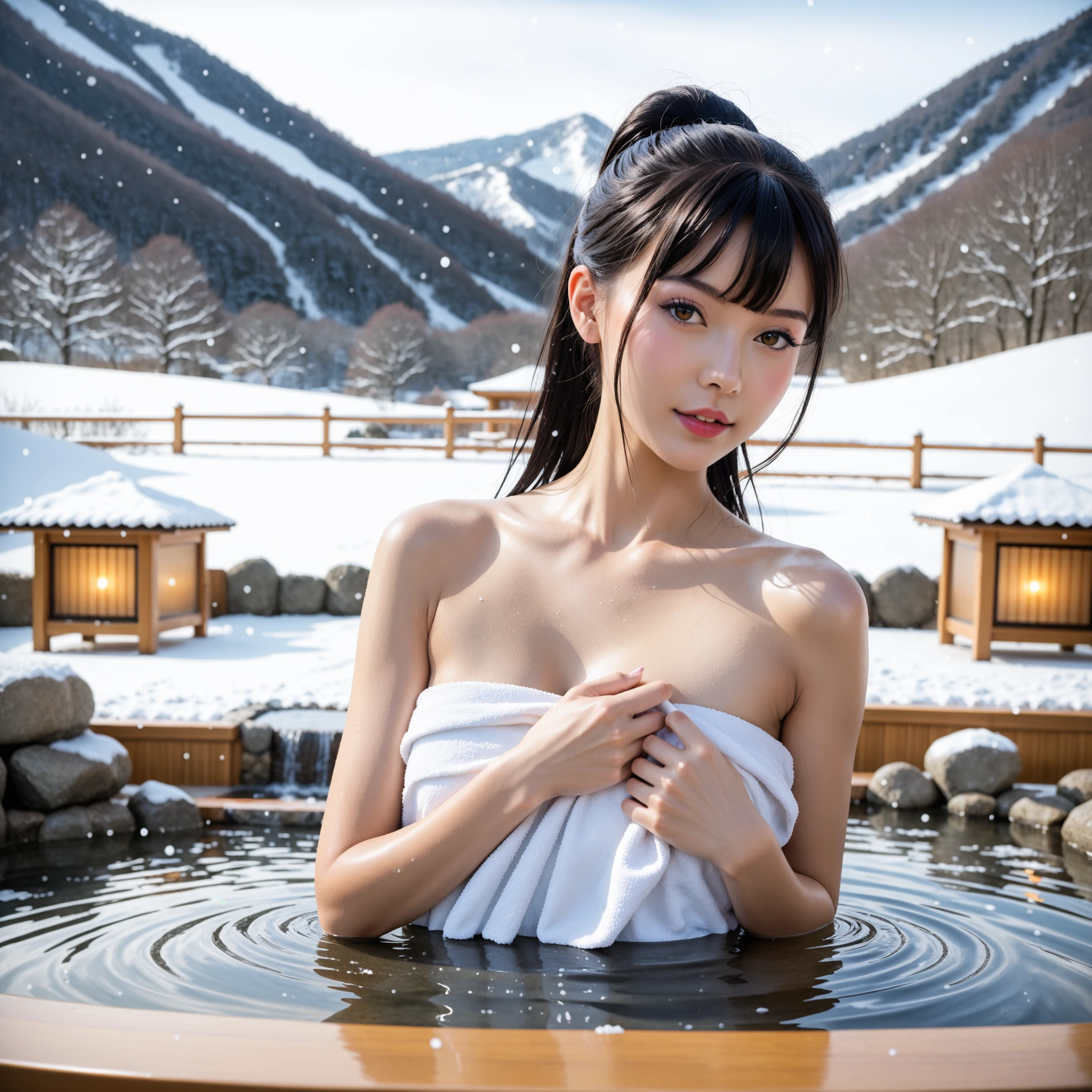 ( highest quality、8k、masterpiece: 1.1 )、( Night background、Snowy Japanese open-air bath and Japanese garden : 1.2 )、There are stars in the night sky、It depicts glowing skin on a wet night.。、Detailed smile and skin texture、Crystal clear white skin : 、fine eyes、double eyelid、非常に完璧な体型の美しいwoman: 1、medium long brown hair、Loosely tied hair、full body shot。wide angle : 1.3、( Focus distance 35mm )、Wear a bath towel on your bare skin :1.2。view from high place、( woman１people : 1.3 )