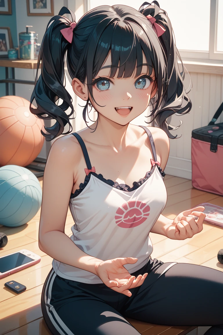 (Superflat, Flat Shading, flat-colors:1.1)、(one asian boyish girl)、(cute little:1.2)、very beautiful 14 year old cartoon girl、Great smile、cheeks are reddened、(High Detail Skin: 1.2)、photorealistic anime girl render、realistic anime 3 d style、cute littleボブカット、Beautiful brown hair、Intense black eyes、Strong highlights of the eyes、(A detailed、medium chest)、Perfect Anatomy、hair messy、old style sportswear、((Sportswear that is transparent with sweat))、white tight sleeveless shirt、dark blue short tight shorts、((Wet with water))、From below、((from the front side))、showing off shorts、Sportswear with a small area、Angle from your feet、Angle from below、((Angle looking up from below、Crotch show off))、Volumetric lighting、Soft light、Bright、neons、Vibrant colors、watercolor paiting、