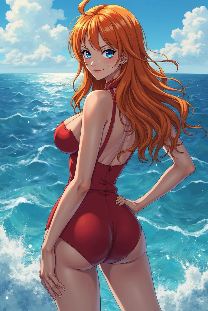 Create Nami in a one piece swimsuit with big breasts