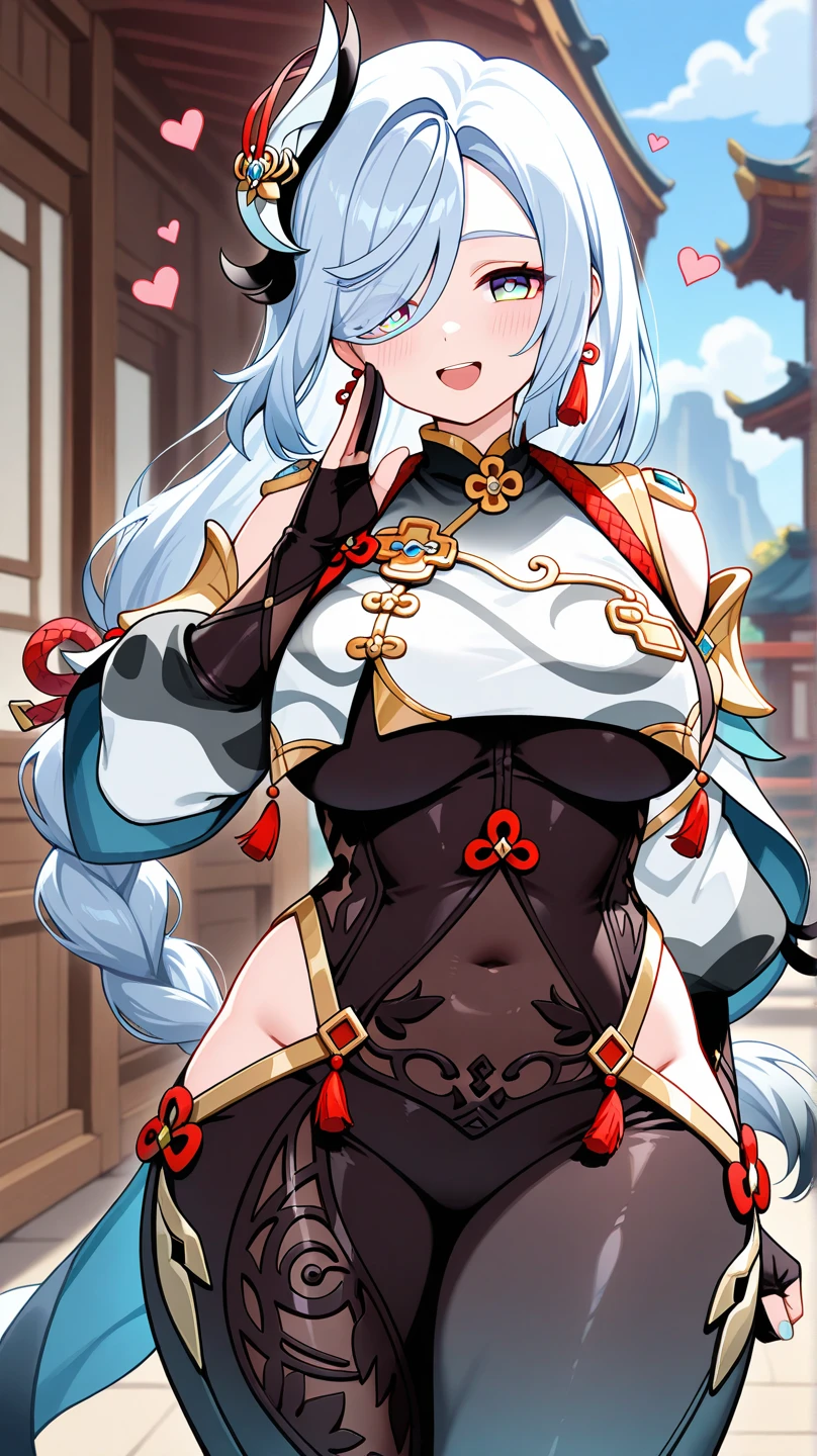 (masterpiece, best quality:1.3), Reine, Thin Lineart, Film Grain, Soft Shading, soft light, 1girl, solo, looking at viewer, light particles, seductive smile, blushing, closed mouth, wide hips, large breasts, cowboy shot, mature female, thick thighs, <lora:Reine Style Lora:.8>, shenhe \(genshin impact\), grey hair, long hair, hair ornament, hair over one eye, blue eyes, earrings, braided ponytail, puffy sleeves, gold trim, gloves, bodysuit, breast curtain, shoulder cutout, covered navel, hip vent, clothing cutout, tassel <lora:shenhe:.8>