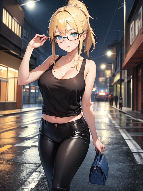 best quality, masterpiece, cinematic lighting, intricate, cinematic detailed realistic background, detailed face, full body, small breasts, realistic, ligne claire, 1girl jogging, cityscape, night, tied shirt, looking at viewer, tattoo, model pose, open cardigan, ringed yellow eyes, streetlight, lamppost, yoga pants, split-color hair, glasses, wet clothes