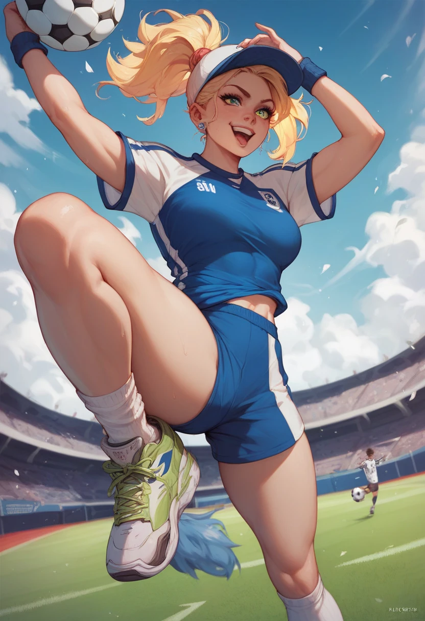 Create a masterpiece image in 4K resolution with photorealistic details. Depict Krisstalove, face with extremely detailed eyes, long eyelashes, and beautiful lips, jucy lips, big bust, camel toe, Her long, flowing hair forms a ponytail, adorned with intricate jewelry. She sports a radiant smile under the vibrant lights of a Mexican soccer stadium at night. The atmosphere is electric, with the Mexican flag and emblem prominently displayed in green, white, and red hues. Her multicolor twintails sway gently as she wears sexy shorts, exuding confidence and charm