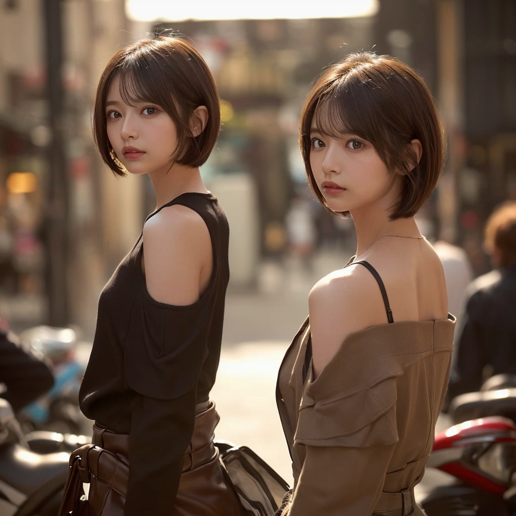 ((natural night lighting, 8k, top quality, masterpiece: 1.3)), (realistic, crisp focus: 1.2), very delicate and very cute woman: 1.4, ((one girl)), (straddling a motorcycle, straddling a motorcycle, riding a motorcycle), perfect style, ultra detailed, high resolution, (tight skirt, leather riders jacket: 1.1), ( Dark brown hair, short, bob cut hair: 1.2), cleavage, (big, full body: 1.3), very detailed face and skin texture, highly detailed lip texture, red lips, beautiful detailed eyes, smile, shiny lips, eye makeup, street, night, realistic shadows, angle from behind