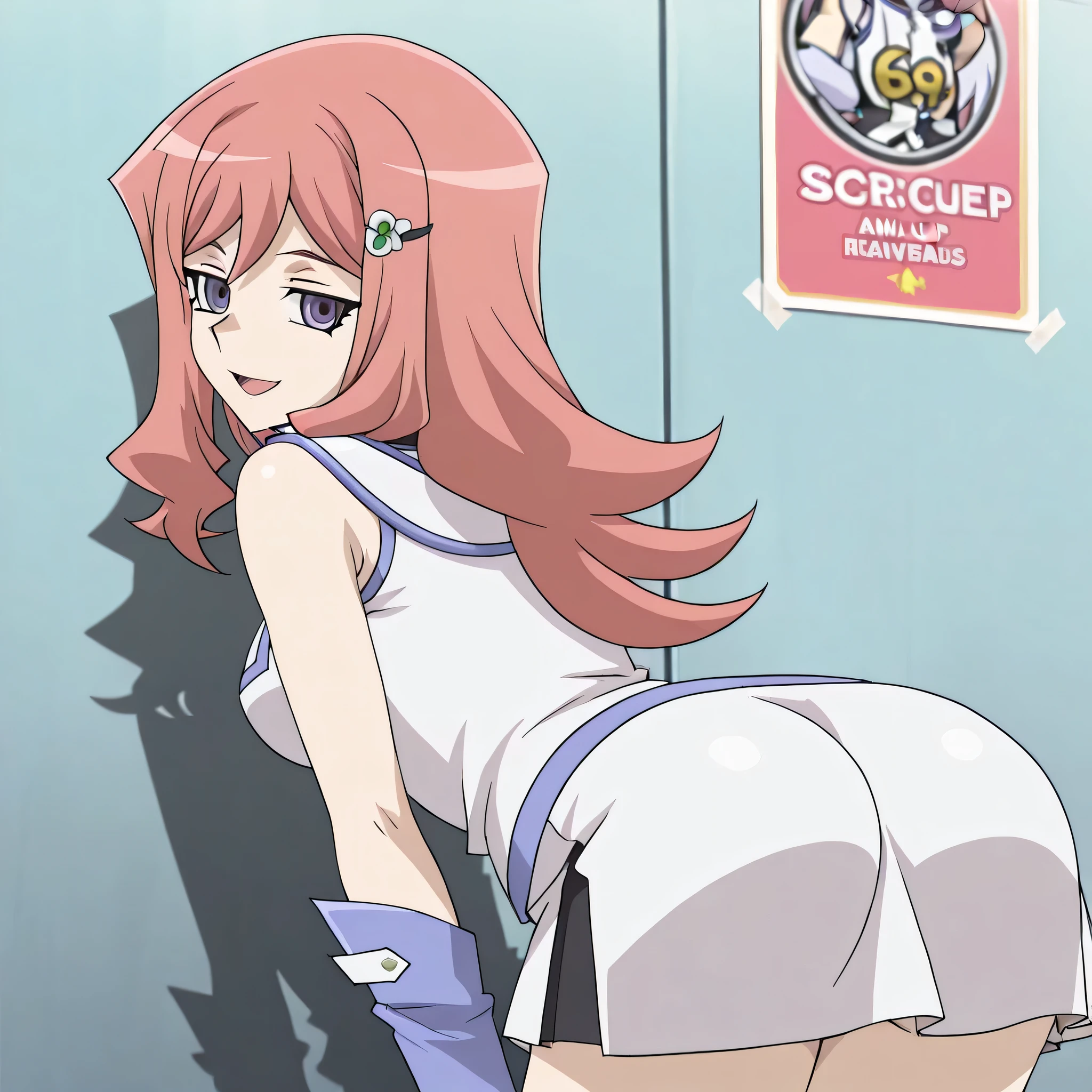 (((Masterpiece))), (((Best Quality))), ((Super Detail)), ultra-High resolution, score_9,score_8_up,score_7_up,score_6_up,score_5_up,score_4_up, BREAK, source_anime, anime screencap, uncensored, rating_explicit, Masterpiece, (absurdres), (detailed background), (very aesthetic), detailed beautiful eyes, outstanding, an exquisite animation illustration, curvy, highres, dark persona, Society of light, sleeveless, white shirt, white skirt, blue gloves, duel academy uniform (yu-gi-oh! gx), , (((solo, 1girl))), hair ornament, submissive pose,  pose, anime style, anime coloring, animification, megami magazine, medium , Kumi Okazaki (Cardfight Vanguard), long hair, pink hair, purple eyes, smile, open mouth, happy, looking from back, view from back, from back, , , , leaning forward, on wall, high 