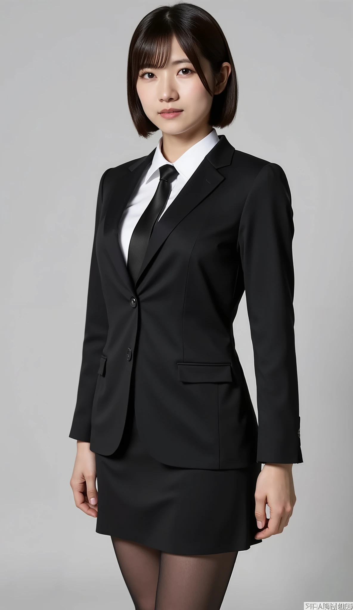 attractive redhead woman wearing dark gray business suit jacket with pants, high heel pumps, white blouse, standing in an office,  wetting, big smile, pee stains are gleaming wet, pants really soaked with pee, front of jacket is wet