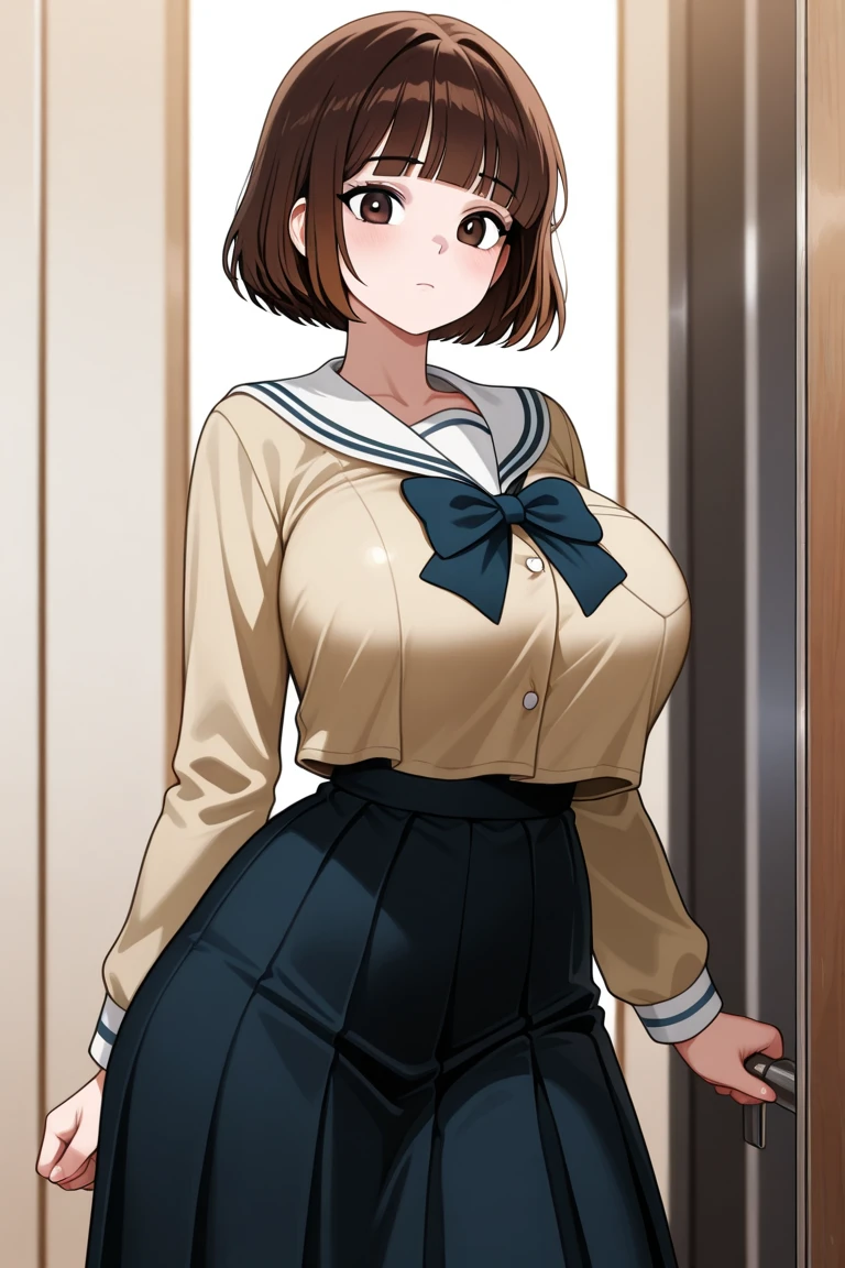 masterpiece, best quality, highres, short hair, brown eyes, wavy hair, pale brown hair, short hair, student uniform, white shirt, skirt, mischievous smile, big breasts, saggy breasts, bo bra, (dark hair band), slender body, sleeveless, thin waist
