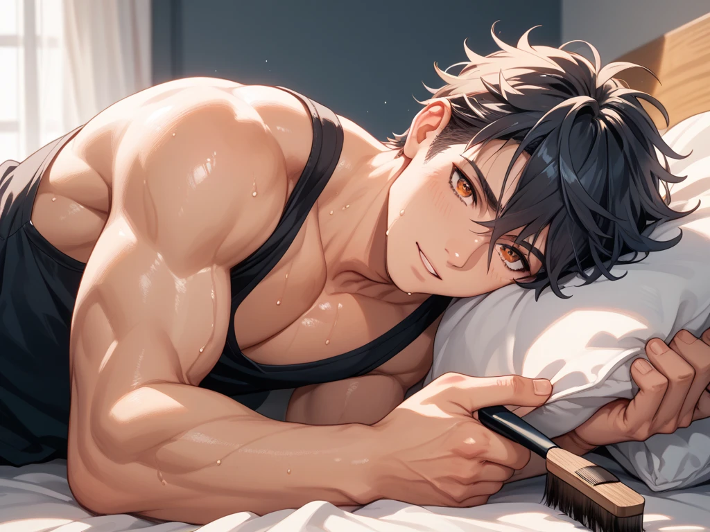 best quality, masterpiece, super high resolution, detailed background, realism, Illustrations, single, 1 boy, muscle, volumetric lighting, depth of field, facial hair, (crew cut), hands straight, legs straight, lying down, bed, blindfolded, Ryu