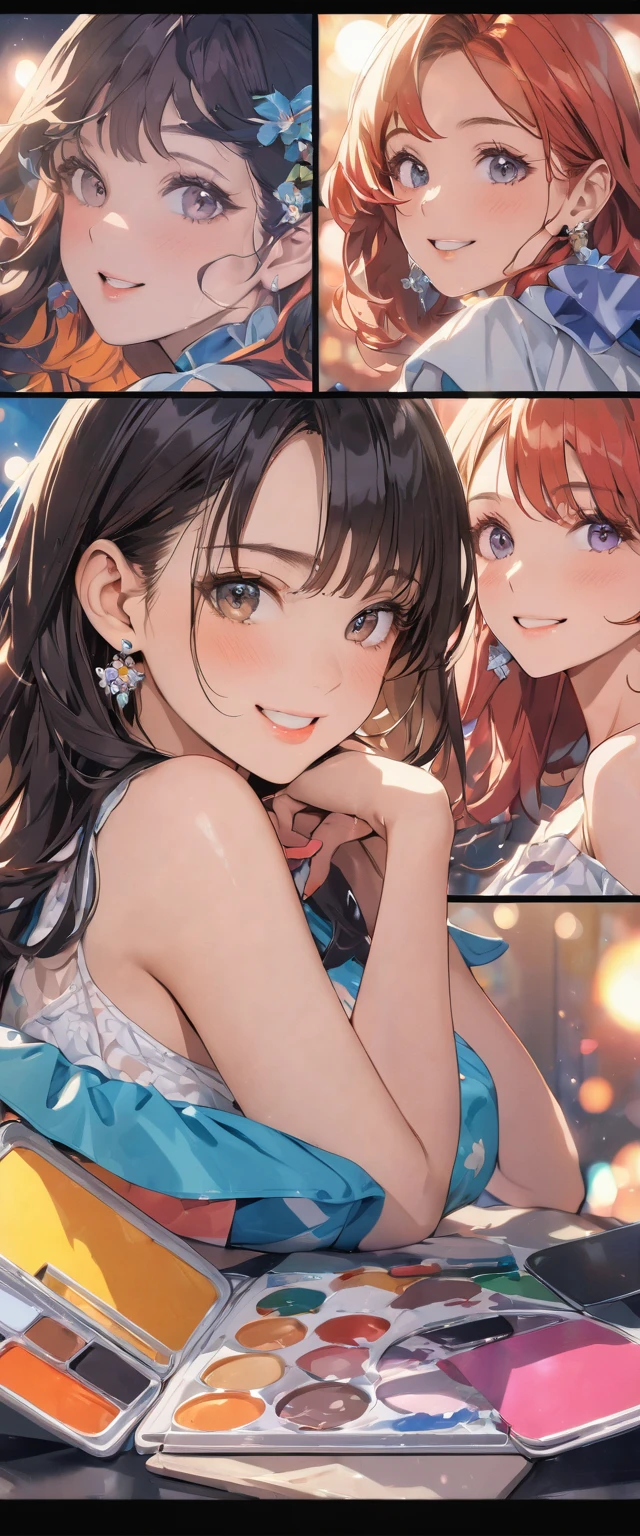 Masterpiece, super high quality anime style illustration. New York fashion show, glittering lights, ((solo)),((one fashion model)), ((solo)),((two very cute girls)), ((smiling and waving)). (((highly detailed face))), perfect ((beautiful female face)), colorful hair, bob, short. brown eyes, perfect makeup. chest-up shot. close-up of face.