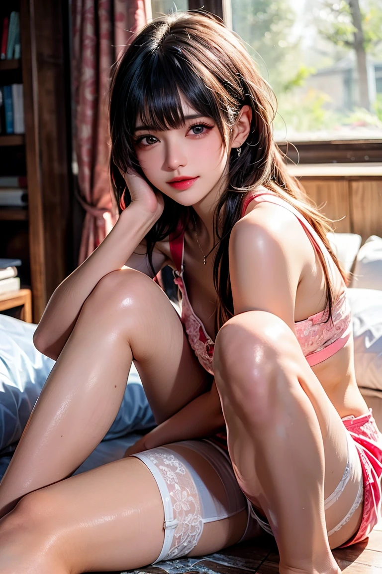 (highest quality:1.3、masterpiece:1.3)、ultra hd、(girl、solo)、atmospheric perspective、detailed face、blue eyes、Red ribbon and ponytail hair、pink lips、shiny skin、line of sight、black mini skirt、riders jacket、bikini bra、D cup bust、thighs、blush、smile、earrings、cleavage、motorcycle、Stand on the side、Low - Angle、background blur