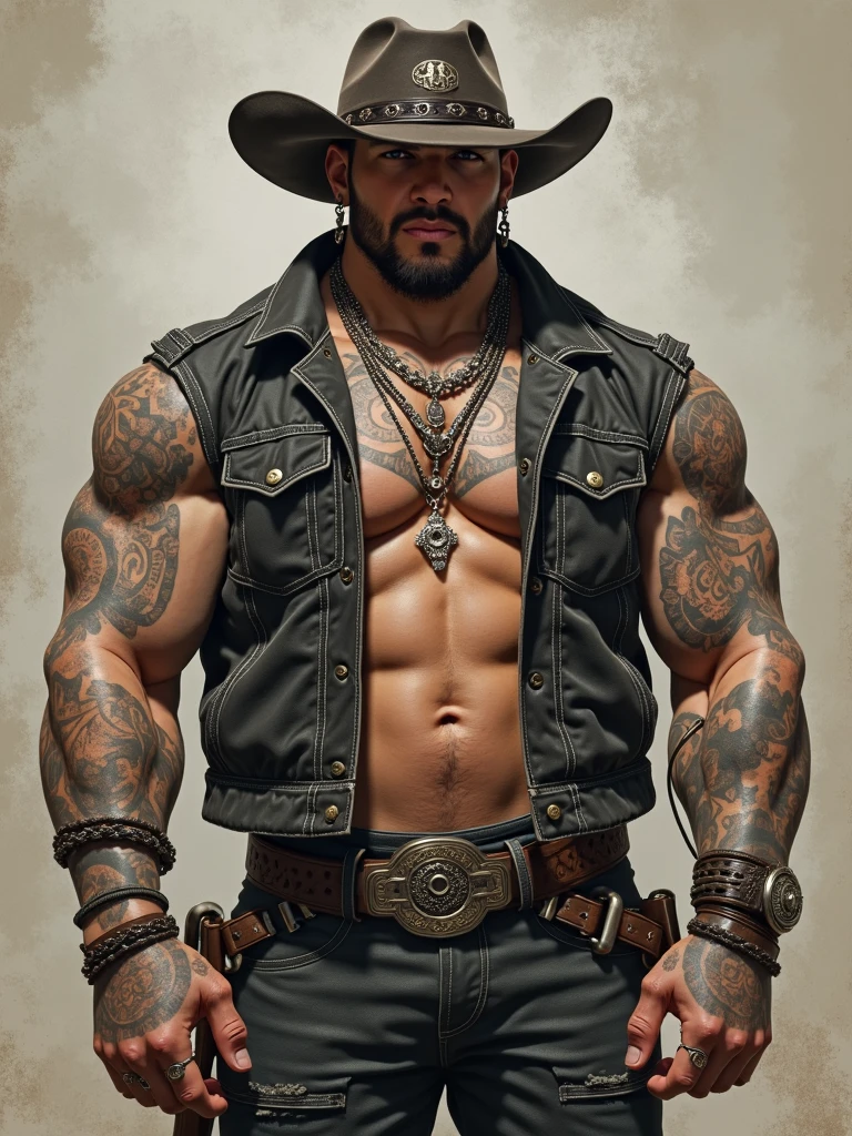 Fully tattooed muscular man showing his penis