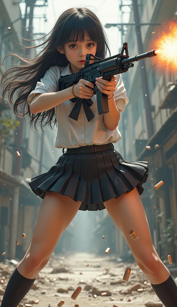 beautiful chinese stewardess mini skirt realistic machine gun toting toting hip firing real person legs apart standing rampage shooting side target facing